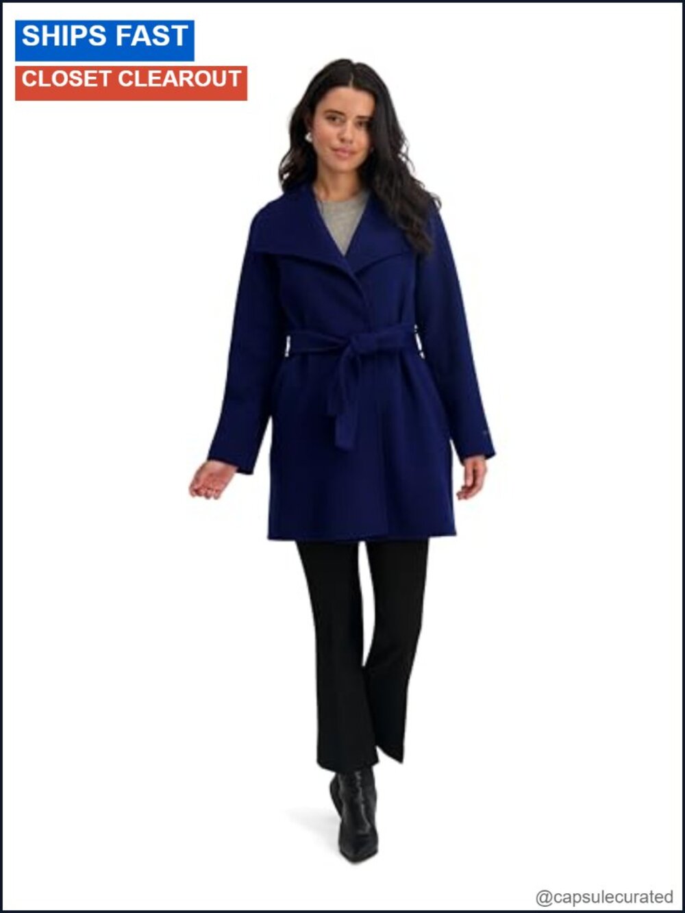 Wool Blend Wrap Peacoat Notched Lapel Self-Tie Belt Short Winter Coat
